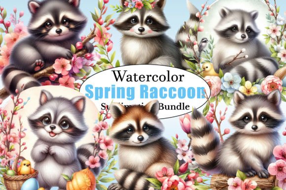 Watercolor Spring Raccoon PNG Clipart Gráfico Ilustrações para Impressão Por CitraGraphics