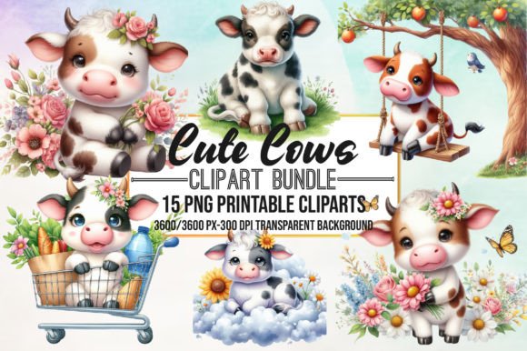 Watercolor Cute Cow Clipart Bundle Gráfico Ilustraciones Imprimibles Por PinkDigitalArt