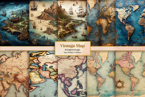 Ancient Vintage Old Map Digital Paper Graphic Backgrounds By Pod Design