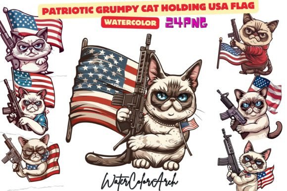 Cat Holding USA Flag Sublimation Clipart Graphic AI Generated By WaterColorArch