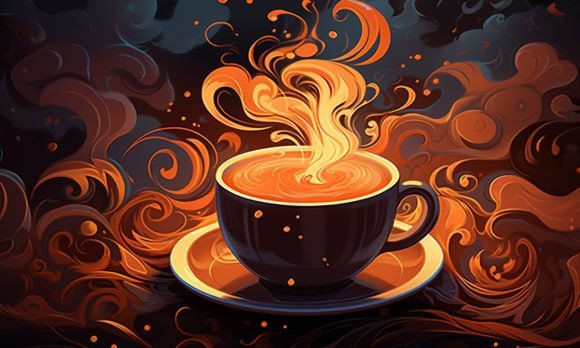 Cup of Coffee with Autumn Leaves on Dark Illustration Illustrations AI Par Alby No