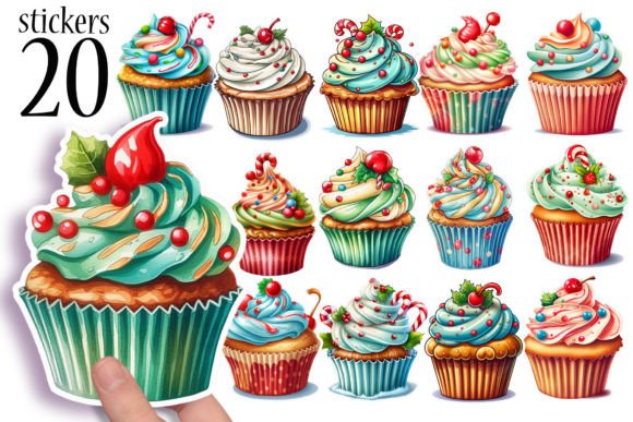 Cute Christmas Cupcake Stickers Digital Graphic Crafts By TheDigitalDeli