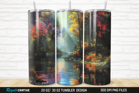 Forest Landscape Colorful River Tumbler Graphic Illustrations By Regulrcrative