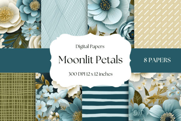 Moonlit Petals - Blue Floral Backgrounds Graphic Backgrounds By More Paper Than Shoes