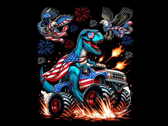 T Rex Dinosaur Monster Truck 4th of July Graphic T-shirt Designs By Trendy Creative