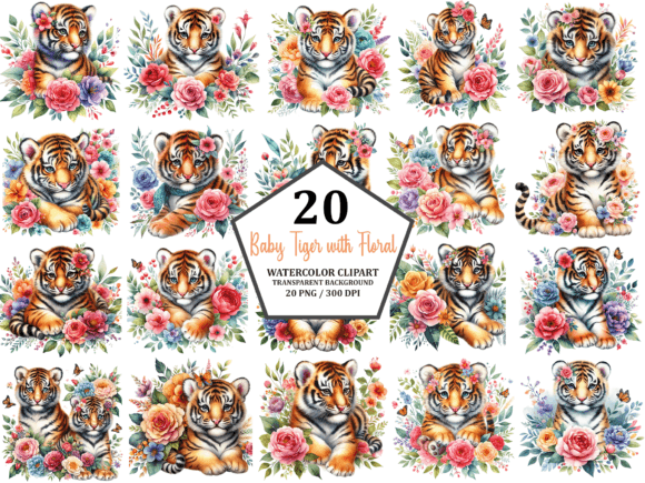 Baby Tiger with Floral Clipart Design Graphic AI Illustrations By Pixelique