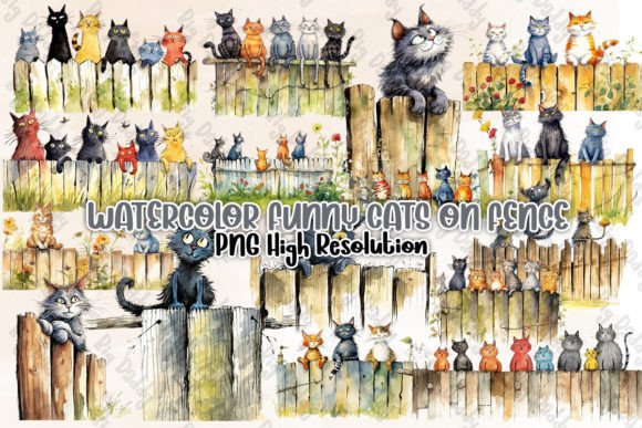 Watercolor Funny Cats on Fence Clipart Afbeelding Afdrukbare Illustraties Door Big Daddy