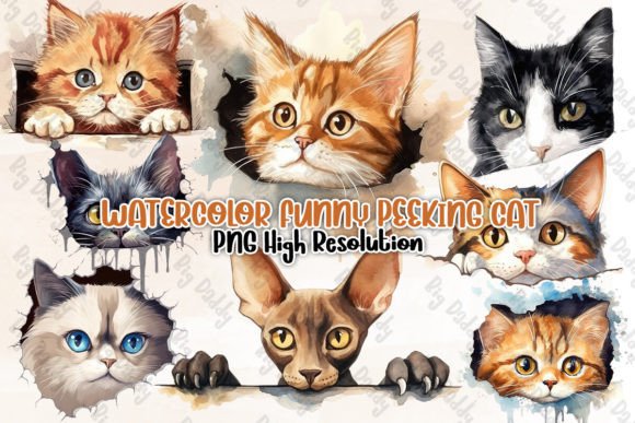 Watercolor Funny Peeking Cat Clipart PNG Graphic Illustrations By Big Daddy