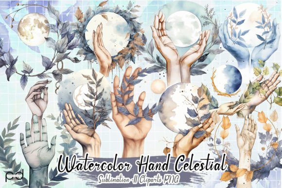 Watercolor Hand Celestial Clipart PNG Gráfico Ilustraciones Imprimibles Por Padma.Design