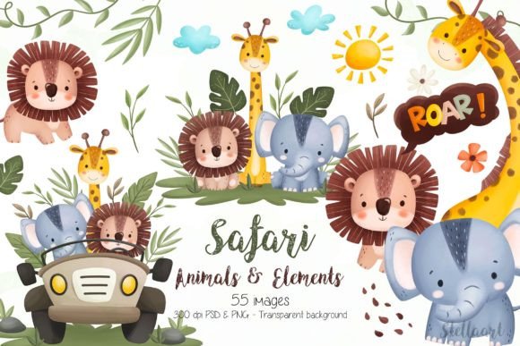 Watercolor Safari Animals and Elements Graphic Illustrations By Stellaart