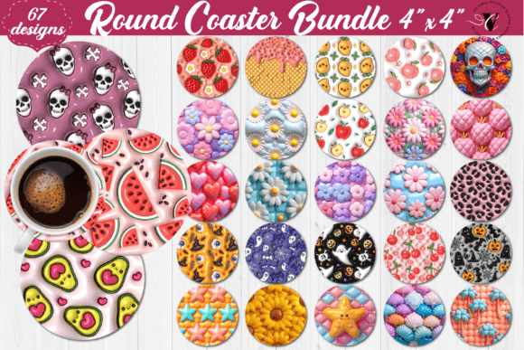 3D Puff Round Coaster Coaster Bundle Graphic Illustrations By victoriacreatdis