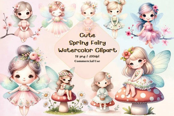 Cute Spring Fairy Watercolor Clipart Gráfico Ilustrações para Impressão Por Design By Naree