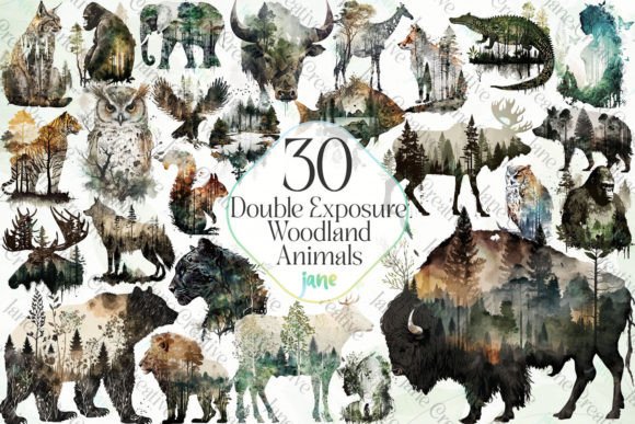 Double Exposure Woodland Animals Bundle Gráfico Ilustrações para Impressão Por JaneCreative