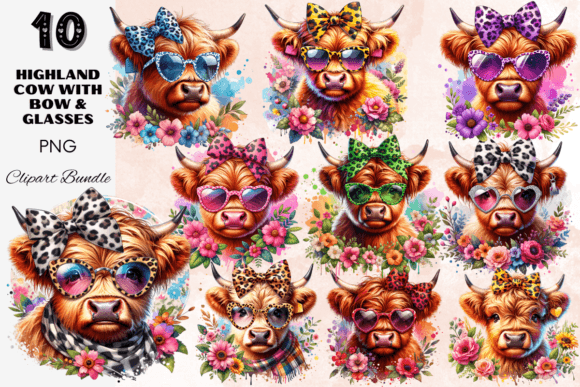Highland Cows - Leopard Bow & Sunglasses Graphic Illustrations By Painting Pixel Studio