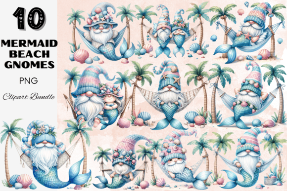 Mermaid Gnomes - Summer Beach Shell Palm Gráfico Ilustrações para Impressão Por Painting Pixel Studio