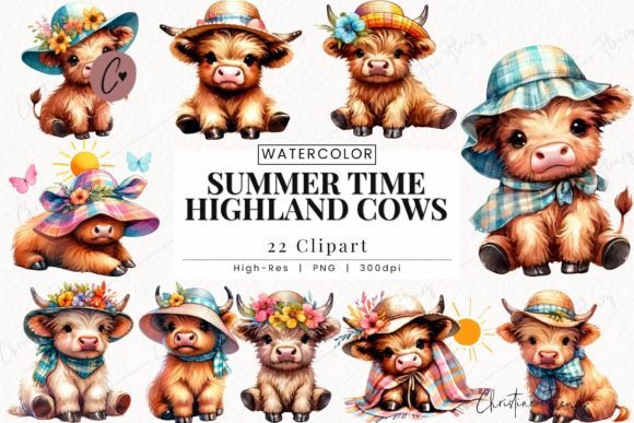 Summer Time Highland Cow Clipart Gráfico Ilustraciones Imprimibles Por Christine Fleury