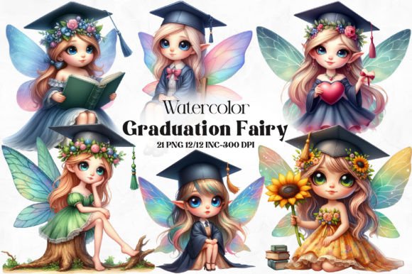 Watercolor Graduation Fairy Clipart Grafika Ilustracje do Druku Przez RevolutionCraft
