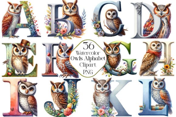 Watercolor Owls Alphabet Clipart Graphic Illustrations By CraftArtStudio