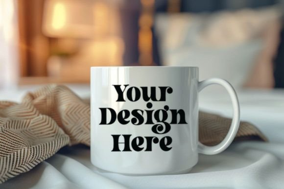 Coffee Mug Mockup Placed on a Bed Room Illustration Maquettes de Produits Conçues sur Mesure Par Regulrcrative