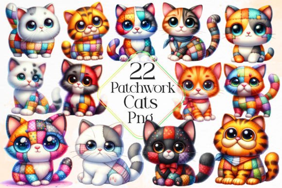 Cute Patchwork Cats Clipart PNG Graphic Illustrations By LiustoreCraft