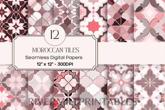 Seamless Moroccan Tiles in Pink & Red Graphic Illustrations By Rivermill Embroidery