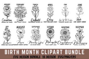 Birth Month Flower SVG Clipart Bundle Gráfico Artesanato Por Ya_Design Store 1