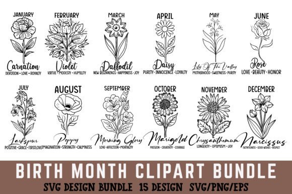 Birth Month Flower SVG Clipart Bundle Grafika Rękodzieła Przez Ya_Design Store