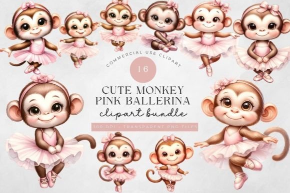 Cute Pink Monkey Ballerina Clipart Png Gráfico Ilustraciones Imprimibles Por Feather Flair Art