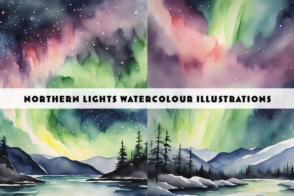Northern Lights Watercolour Duo Grafik Druckbare Illustrationen Von Siren Seventy One