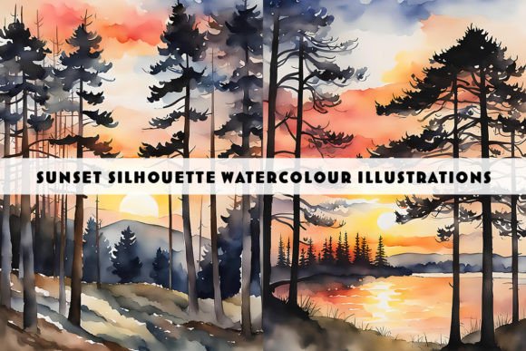 Sunset Silhouette Watercolour Duo Trees Gráfico Ilustraciones Imprimibles Por Siren Seventy One