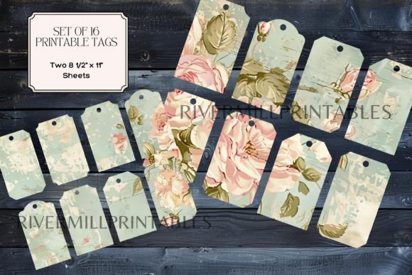 16 Printable Junk Journal or Gift Tags Graphic Illustrations By Rivermill Embroidery