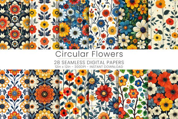 Circular Flowers Digital Papers Graphic Patterns By Mehtap