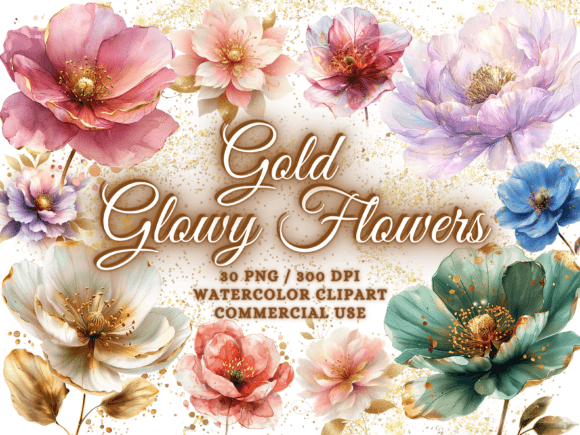 Gold Glowy Flowers Clipart Flower Png Gráfico Ilustrações para Impressão Por Artistic Revolution