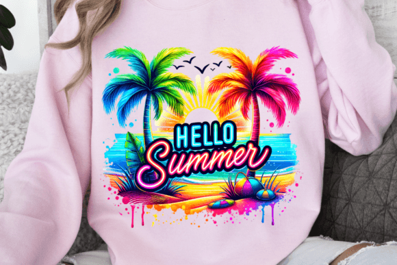 Neon Hello Summer Palm Trees Beach Png Gráfico Diseños de Camisetas Por Ozzie Digital Art