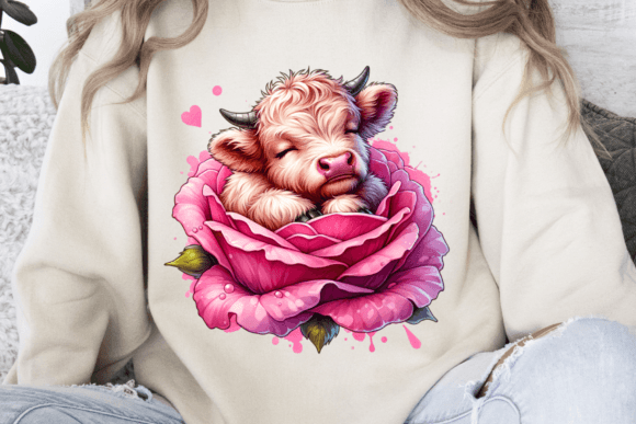 Sleeping Highland Cow in a Pink Rose Png Graphic T-shirt Designs By Ozzie Digital Art