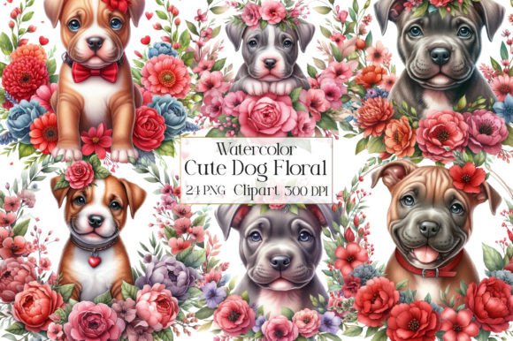 Watercolor Cute Dog Floral Clipart Graphic Illustrations By CraftArtStudio
