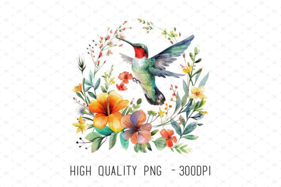 Watercolor Floral Wreath Hummingbird Png Illustration Illustrations Imprimables Par ArtCursor