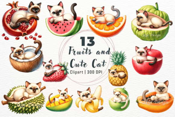 Watercolor Summer Fruits and Cat Clipart Illustration Illustrations Imprimables Par Skye Design