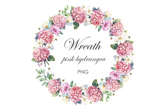 Watercolor Pink Hydrangea Wreath PNG Graphic Illustrations By lesyaskripak.art