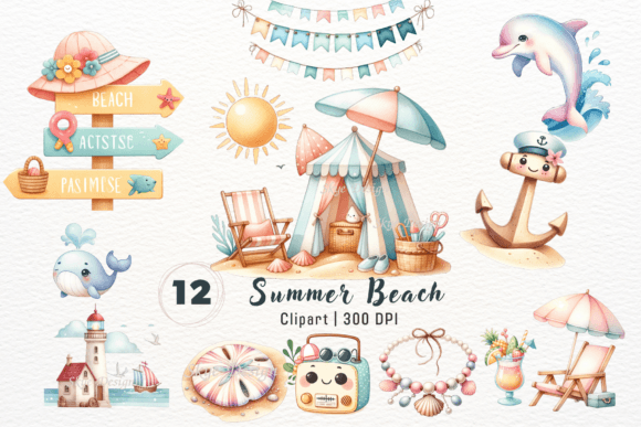 Watercolor Summer Beach Clipart Gráfico Ilustraciones Imprimibles Por Skye Design