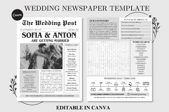 Wedding Newspaper Program Newlywed News Grafika Szablony do Druku Przez regalcreds
