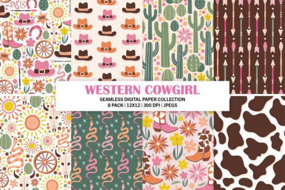 Western Cowgirl Seamless Digital Paper Illustration Modèles de Papier Par alannamessinadesignco