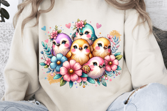 Colorful Birds Glitter Flowers Png Gráfico Designs de Camisetas Por Ozzie Digital Art