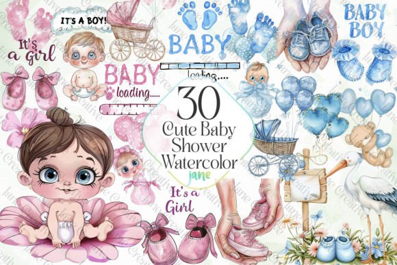 Cute Baby Shower Watercolor Sublimation Graphic Illustrations By JaneCreative
