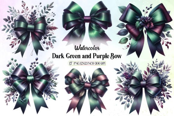Dark Green and Purple Bow Clipart Gráfico Ilustraciones Imprimibles Por LibbyWishes