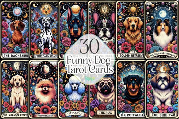 Funny Dog Tarot Cards Sublimation Graphic Illustrations By JaneCreative