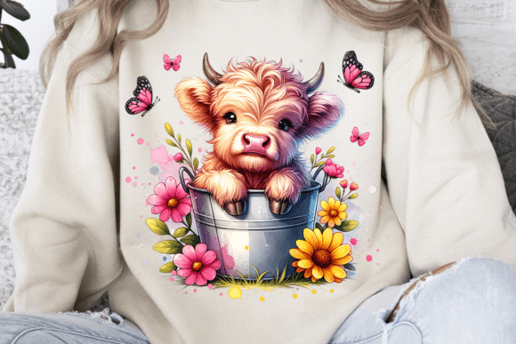 Highland Cow in a Bucket Butterflies Png Grafica Design di T-shirt Di Ozzie Digital Art