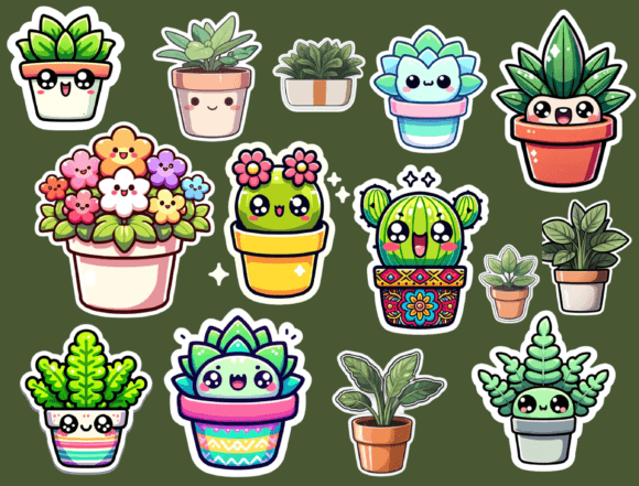 Kawaii Cute Potted Plant Stickers Graphic Crafts By ThePlannersDelight