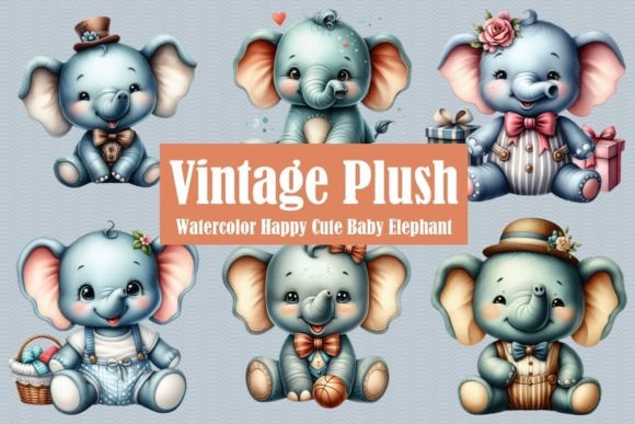 Vintage Plush Happy Cute Baby Elephant Afbeelding Afdrukbare Illustraties Door SiddKidd Studio