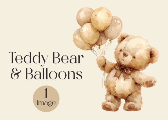 Watercolor Teddy Bear with Balloons Graphic Illustrations By primroseblume